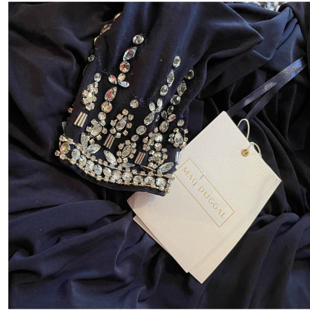 Mac Duggal 10 NEW Beaded Cuff Drop Shoulder Faux Wrap Gown Midnight Blue 12231 - Picture 7 of 8